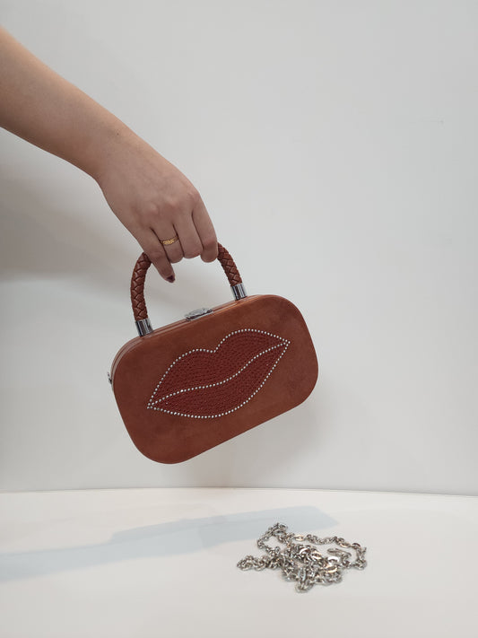 Trendy Brown Suede Lip-Studded Handbag with Chain Strap