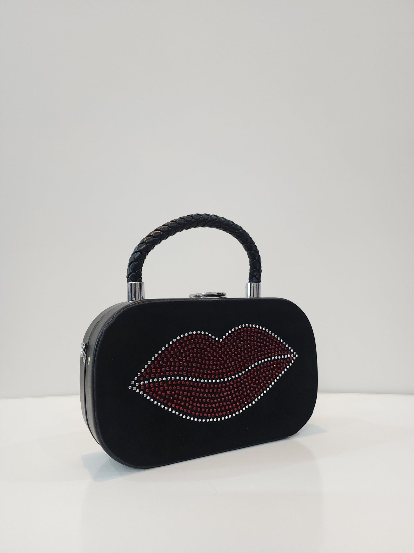 Trendy Black Suede Lip-Studded Handbag with Chain Strap