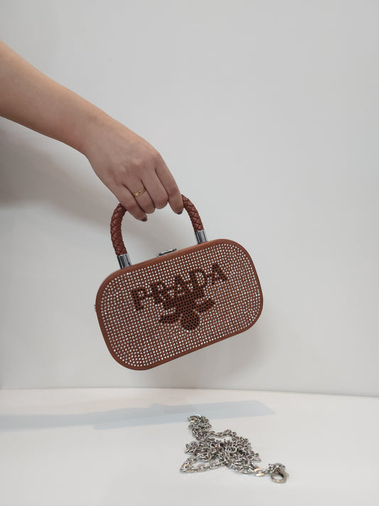 Elegant Brown Studded Handbag – Prada Logo & Silver Chain