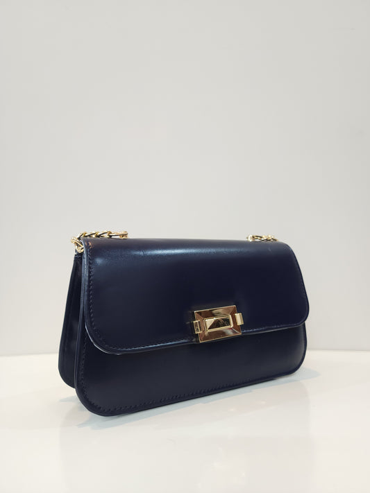 Leather Shoulder Bag with Gold Twist-Lock & Chain Strap