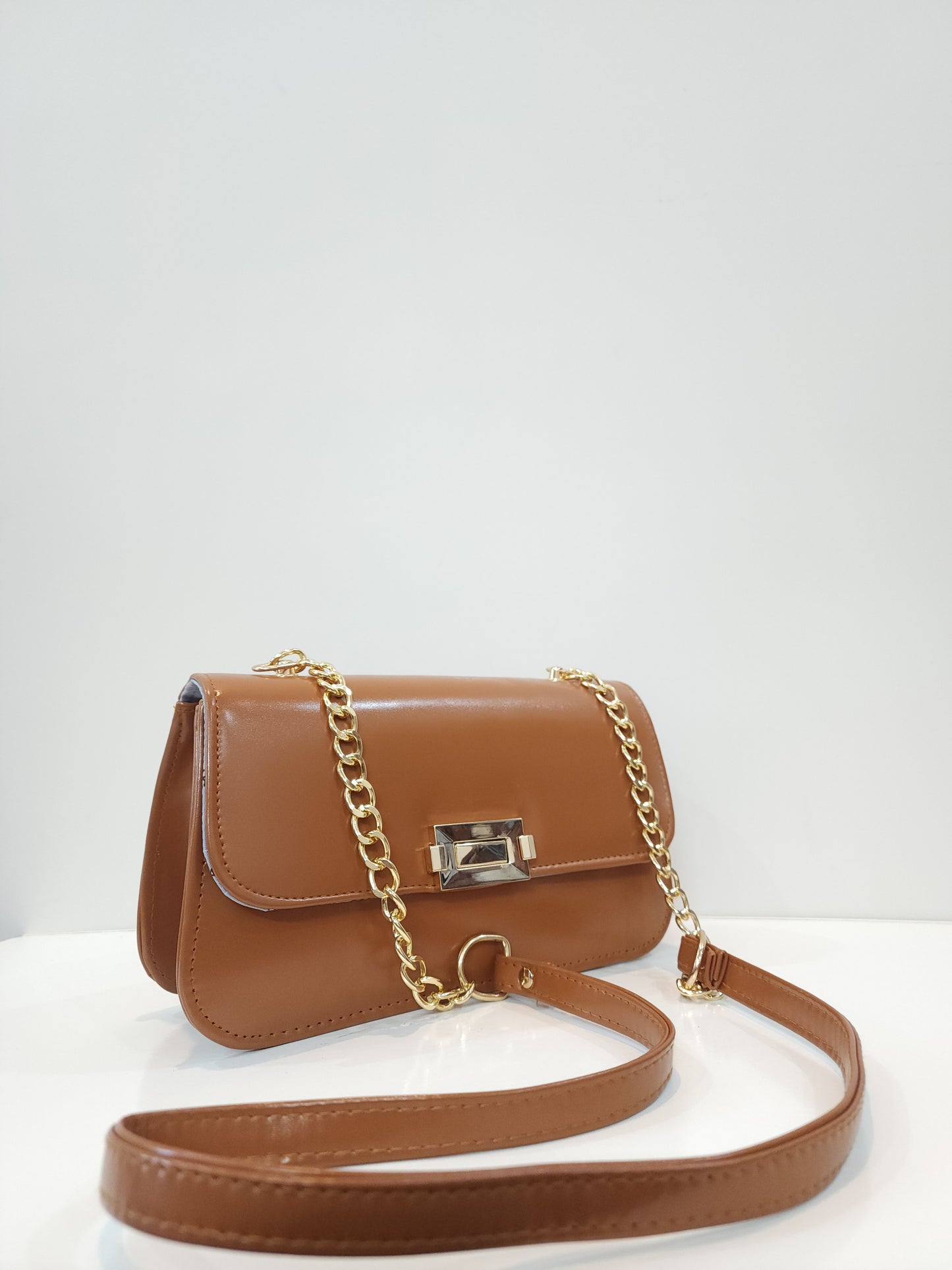 Leather Shoulder Bag with Gold Twist-Lock & Chain Strap