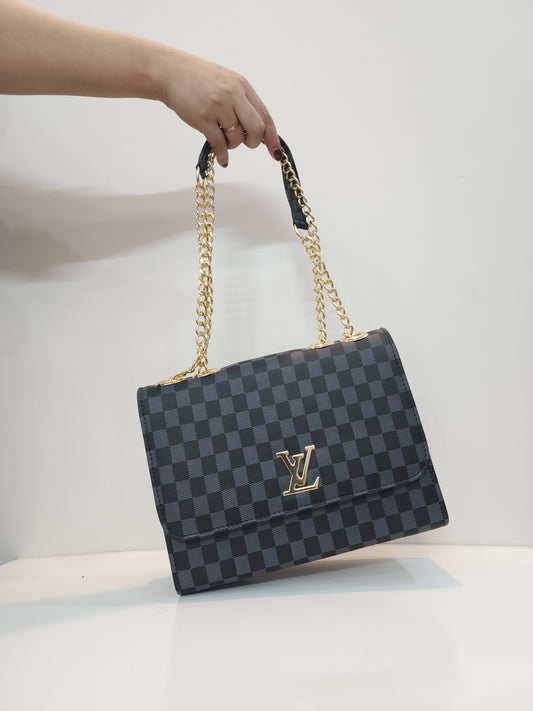 Premium Navy & Black Checkered Handbag with Gold LV Emblem