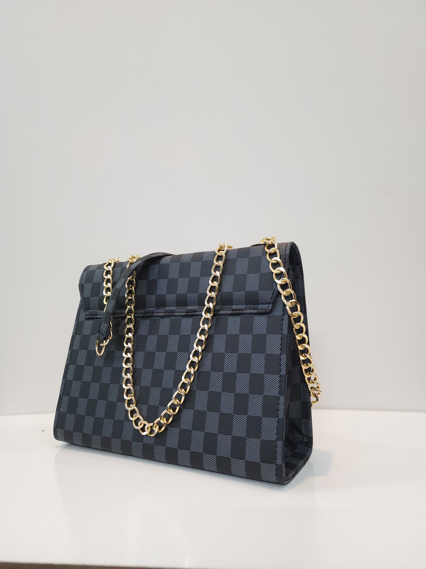 Premium Navy & Black Checkered Handbag with Gold LV Emblem