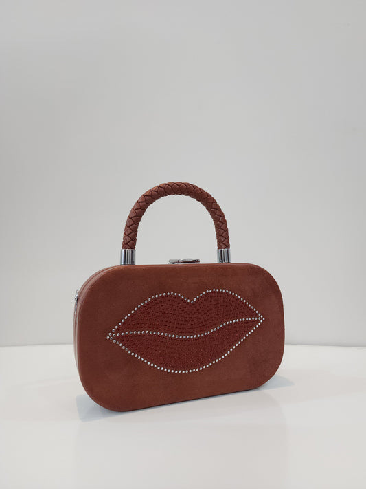 Trendy Brown Suede Lip-Studded Handbag with Chain Strap