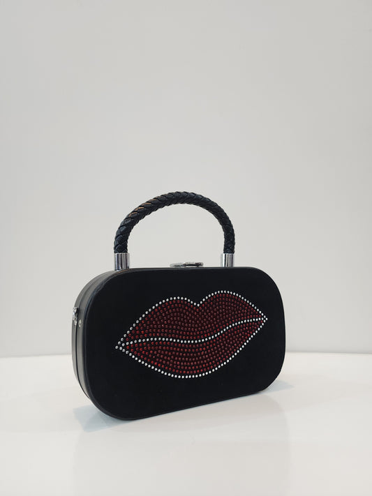Trendy Black Suede Lip-Studded Handbag with Chain Strap