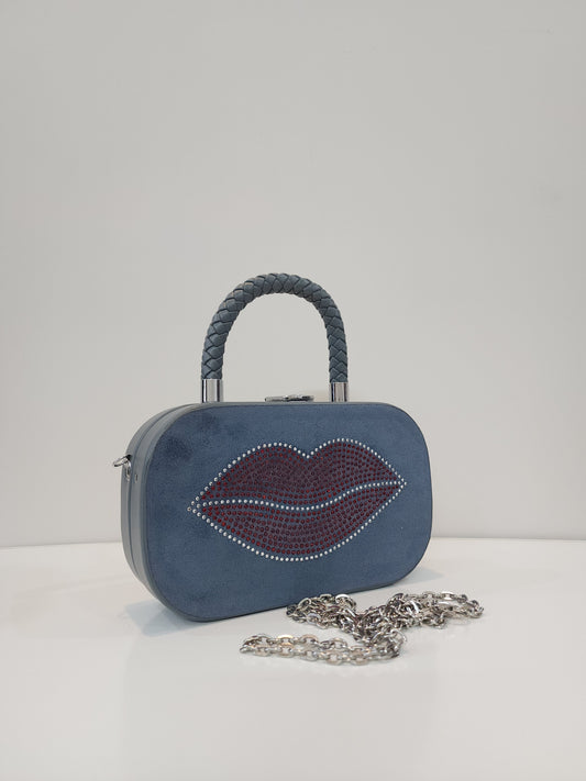 Trendy Blue Suede Lip-Studded Handbag with Chain Strap