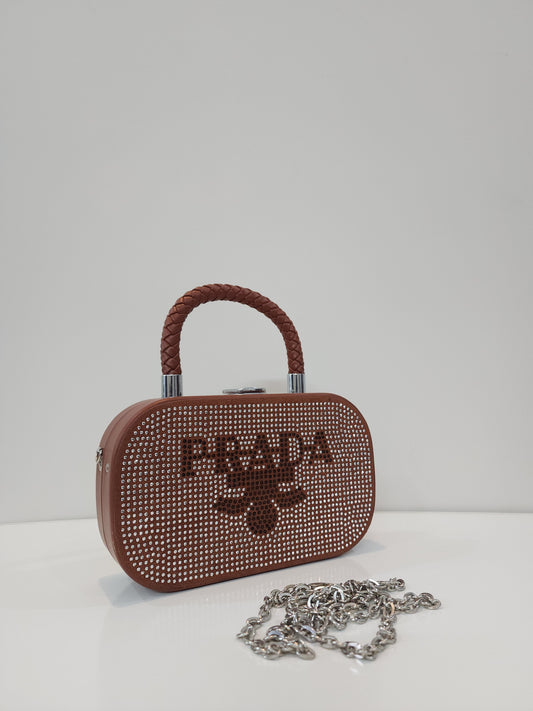 Elegant Brown Studded Handbag – Prada Logo & Silver Chain