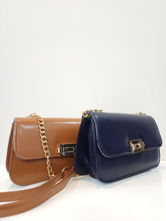 Leather Shoulder Bag with Gold Twist-Lock & Chain Strap