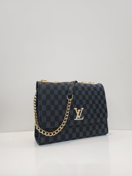 Premium Navy & Black Checkered Handbag with Gold LV Emblem
